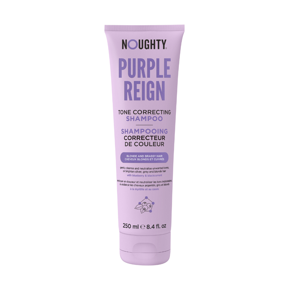 Noughty Purple Reign geltonus plaukų atspalvius koreguojantis šampūnas su mėlynių ir juodųjų serbentų ekstraktais, 250 ml Noughty Purple Reign geltonus plaukų atspalvius koreguojantis šampūnas su mėlynių ir juodųjų serbentų ekstraktais, 250 ml