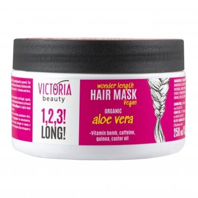 Victoria Beauty 1,2,3! Long! Plaukų augimą skatinanti kaukė su organiniu alavijų, bolivinių balandų ekstraktu, kofeinu ir ricinos aliejumi, 250ml